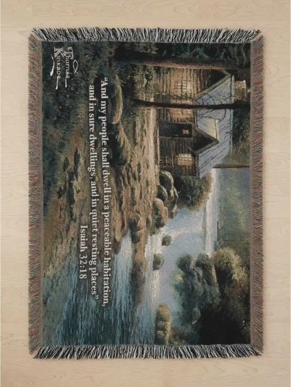 Thomas Kinkade Evening Forest Cabin Tapestry Throw Blanket Isaiah 32:18